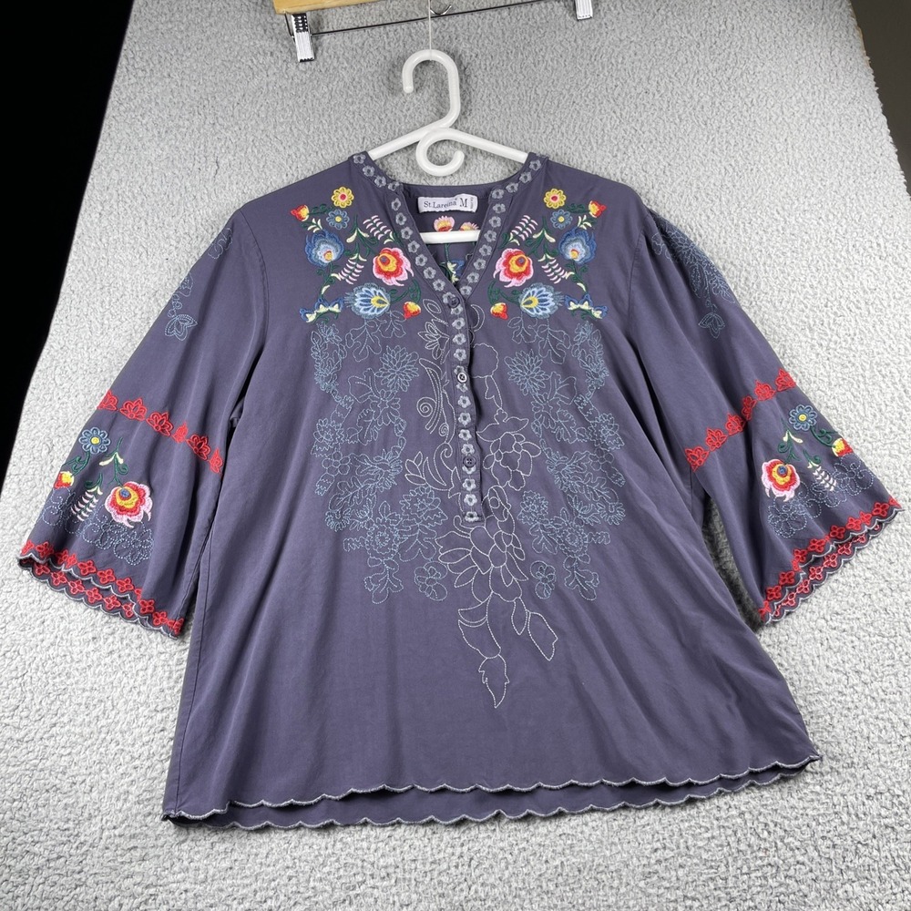 St Lareina shirt Womens M Gray Floral Embroidered Tunic 3/4 Sleeve Blouse BOHO